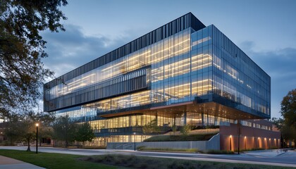 Modern glass-fronted building at dusk.