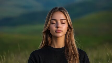 Fototapeta premium A serene woman with closed eyes, immersed in nature, embodies tranquility and mindfulness against a lush green backdrop.