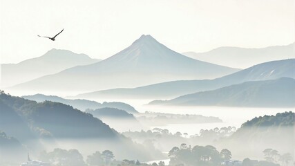Misty Mountain Landscape with Flying Bird