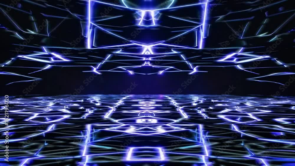 Poster glowing lines create intricate patterns on a dark, reflective surface, evoking a mesmerizing ocean g