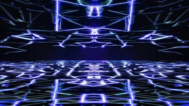 Glowing lines create intricate patterns on a dark, reflective surface, evoking a mesmerizing ocean glow