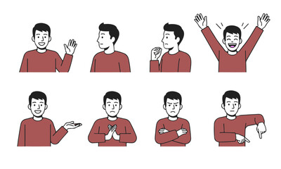 illustrations show a man in a red shirt expressing diverse emotions and actions: waving, looking away, shrugging, cheering, offering, appearing respectful, crossing arms, and pointing dismissively
