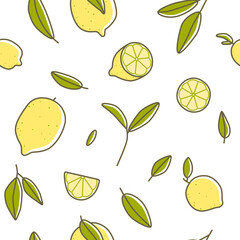 Seamless pattern with cartoon lemons cuts and leaves, fresh juicy vector illustration on white background