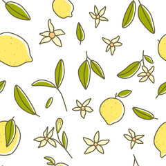 Seamless pattern with cartoon lemons flowers and leaves, fresh juicy vector illustration on white background