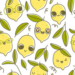Cute lemon character vector illustration, seamless pattern with kawaii lemons fruits