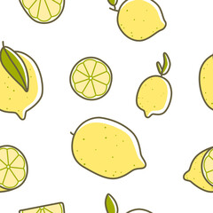 Seamless pattern with cartoon lemon slices and leaves, fresh juicy vector illustration on white background
