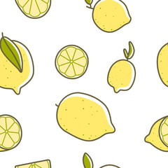 Seamless pattern with cartoon lemons and leaves, fresh juicy vector illustration on white background