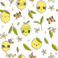 Cute lemon character vector illustration, seamless pattern with kawaii lemons fruits