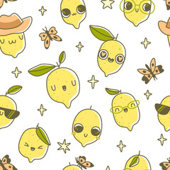 Cute lemon character vector illustration, seamless pattern with kawaii lemons fruits