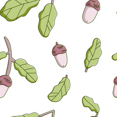 Vector seamless pattern with cartoon acorn and leaves, cute nature illustration