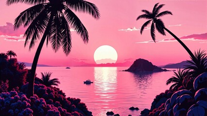 Tropical Sunset Paradise with Palm Trees and Calm Ocean