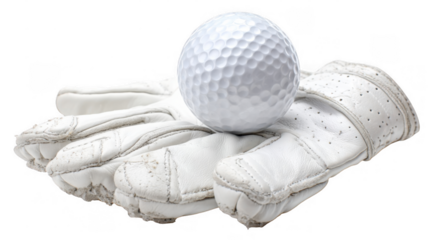 Golf ball placed on a white golf glove, suggesting a golfer preparing for their next shot, isolated on a transparent background, perfect for sports related projects