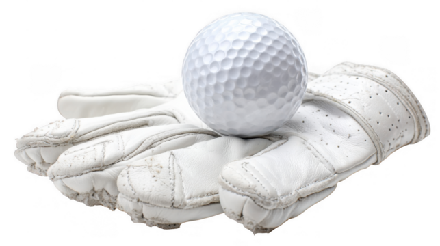 Golf ball placed on a white golf glove, suggesting a golfer preparing for their next shot, isolated on a transparent background, perfect for sports related projects
