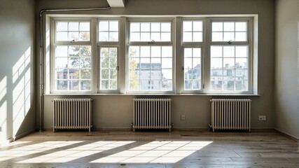 Sunlit Empty Room with Large Windows and Radiators