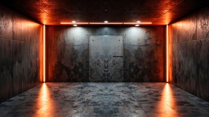 Industrial Metal Room with Orange Lighting and Closed Door