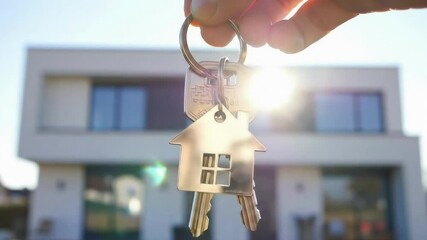 Hand holding house keys with wooden keychain in front of blurred residential home, symbolizing homeownership and real estate success - Powered by Adobe