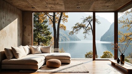 Modern Living Room with Lake and Mountain View