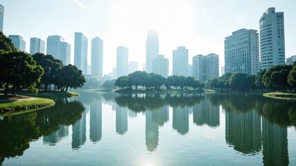 Serene Cityscape with Lake Reflection and Modern Skyscrapers