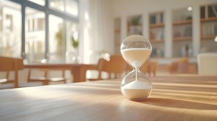 Hourglass on Wooden Table in Sunlit Room Time Management Concept