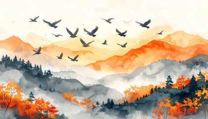 a landscape displays a series of mountains rendered in watercolor style. the uppermost mountains are washed in warm tones of yellow and orange, fading downward into cool grays and blues