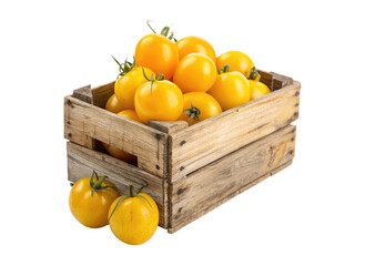 Fresh yellow tomatoes in an old wooden crate isolated on a transparent background png food design