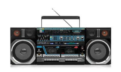 Vintage retro boombox stereo cassette tape recorder with dual deck, radio tuner, and equalizer. Isolated on transparent background PNG. Front view.