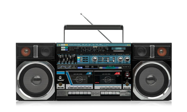 Vintage retro boombox stereo cassette tape recorder with dual deck, radio tuner, and equalizer. Isolated on transparent background PNG. Front view.