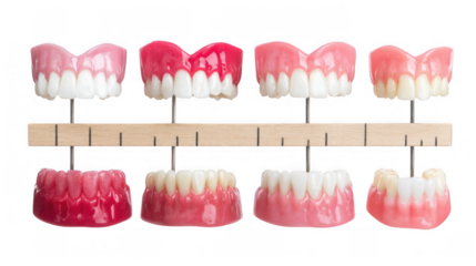 Dentures showing teeth whitening progress illustrating the different shades of improvement over time mounted on a wooden stick with a transparent background