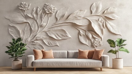 Ornate floral wall decor in a light beige living room.