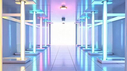 Futuristic Corridor with Neon Lighting and Reflective Floor
