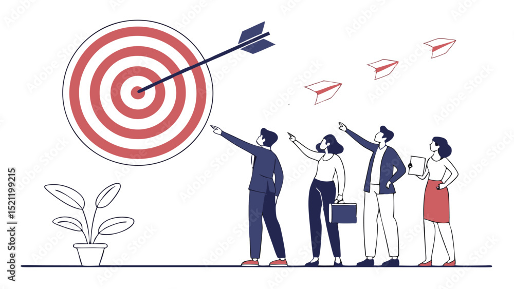 Poster group of people pointing towards a target with an arrow and paper planes in the background illustrat