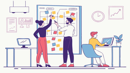 Two people planning on a board with sticky notes and one person working at a desk in an office space