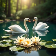 Obraz premium two swans in the lake THE SWANS AND LILIES.jpg
