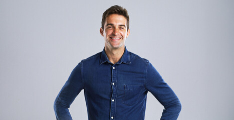 Portrait, proud or happy man with fashion in studio with casual clothes and trendy style. Mockup...