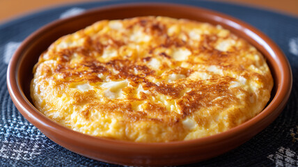 Closeup of freshly cooked omelet with crispy outer layer served in brown dish