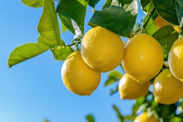 Lemon tree branch with ripe lemons hanging against a blue sky nature photography bright environment natural beauty