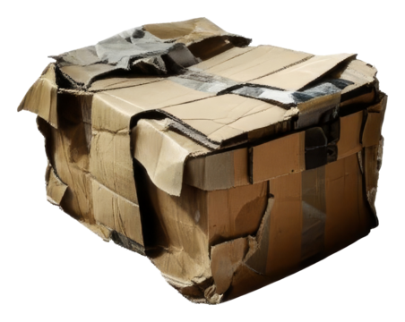 PNG crumpled cardboard box rests on a white surface.