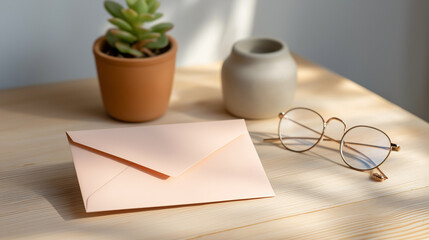 A clean, minimalist workspace featuring a set of three pastel peach envelope mockups arranged neatly on a light wooden desk, accompanied by a pair of thin-framed round glasses plac