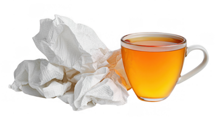 Warm, soothing cup of tea sits beside a crumpled napkin on a transparent background, suggesting a moment of comfort and relief, possibly during illness or a stressful situation