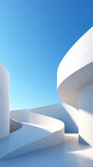 Modern white minimalist architecture with curved walls under blue sky. Vertical background with copy space.