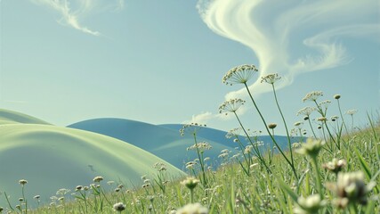 Obraz premium Serene Meadow with Wildflowers and Rolling Hills Under a Clear Sky