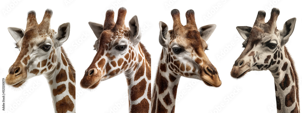 Poster four unique giraffe heads showcasing distinct patterns and textures