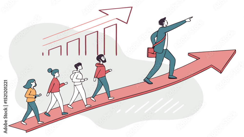 Poster a leader guides team up arrow towards success with bar graph in background showing growth and progre