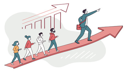 A leader guides team up arrow towards success with bar graph in background showing growth and progress