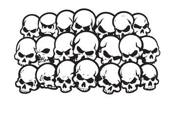 black skulls in a row with black eyes and nose, skull vector , skull line art