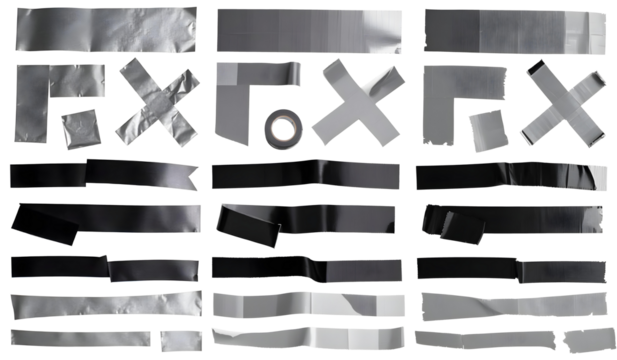 1 set Pieces of black and silver duct tape, some forming an X , on a white background