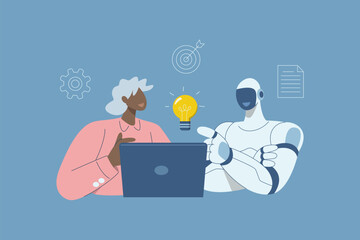 Collaboration between robot and human intelligence in workspace, Businesswoman working with robot with laptop, Getting idea from artificial intelligence, Flat vector design illustration.