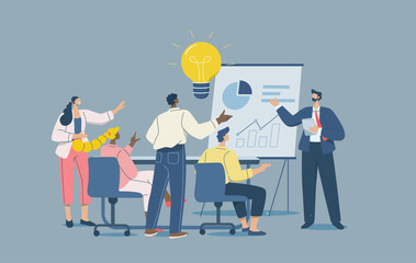 Brainstorming concept, Business idea discussion, Teamwork and effective communication, Business people team meeting with big light bulb, Flat design vector illustration.