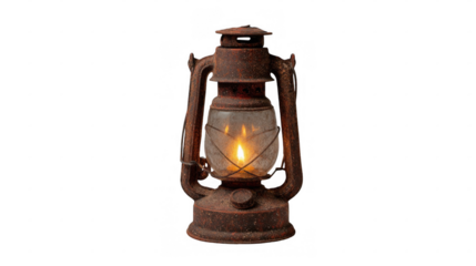 Old, rusty kerosene lantern burning brightly against a transparent background, evoking a vintage atmosphere filled with warmth and nostalgia, perfect for adding a rustic touch to any scene