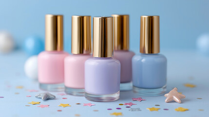 A set of pastel pink and purple nail polish bottles arranged neatly on a light blue background, featuring glossy finishes and rounded caps. Tiny gold and silver confetti pieces are